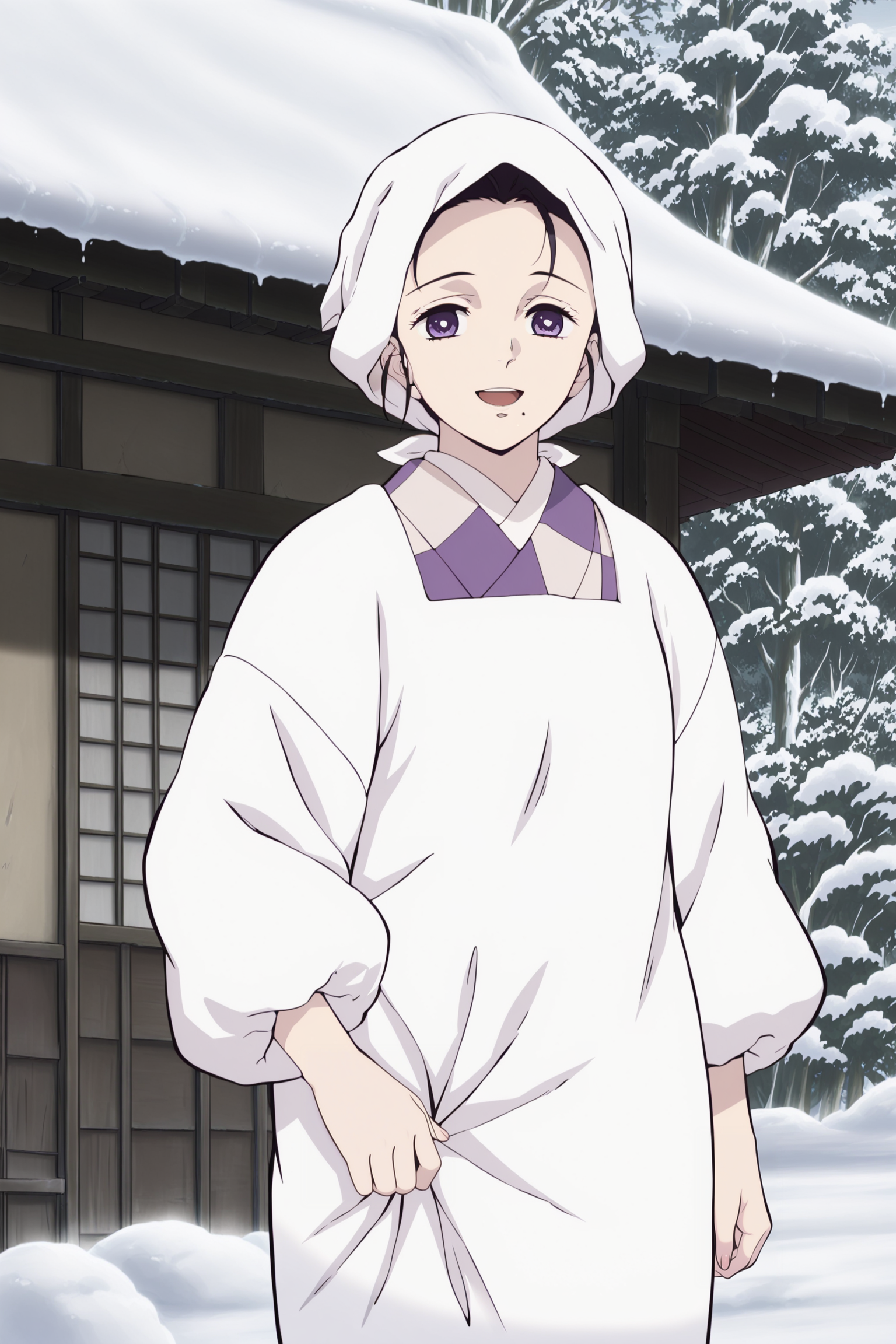 anime screencap, anime coloring, detailed face, masterpiece, best quality, very aesthetic, absurdres, volumetric lighting, official style, amazing quality, ultra detailed,  highres, amazing quality, scenery, beautiful detailed hair, beautiful detailed eyes,
 <lora:Kie_Kamado_Demon_Slayer:1>
Kie Kamado (character), 1girl, solo, mature woman, black hair, purple eyes,  kappougi, mole under mouth, looking at viewer, apron, kimono, japanese clothes, white headwear, head scarf, outdoors, cowboy shot, snow, looking at the viewer, :D