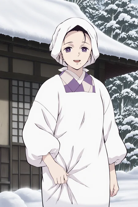 anime screencap, anime coloring, detailed face, masterpiece, best quality, very aesthetic, absurdres, volumetric lighting, official style, amazing quality, ultra detailed,  highres, amazing quality, scenery, beautiful detailed hair, beautiful detailed eyes,
 <lora:Kie_Kamado_Demon_Slayer:1>
Kie Kamado (character), 1girl, solo, mature woman, black hair, purple eyes,  kappougi, mole under mouth, looking at viewer, apron, kimono, japanese clothes, white headwear, head scarf, outdoors, cowboy shot, snow, looking at the viewer, :D