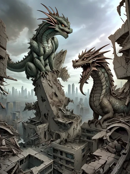 a detailed scaled (dragon) sits on a modern building in front of a (city in ruins:1.2).
<lora:Wasteland:0.75> Wasteland, the, and, with, wasteland, background