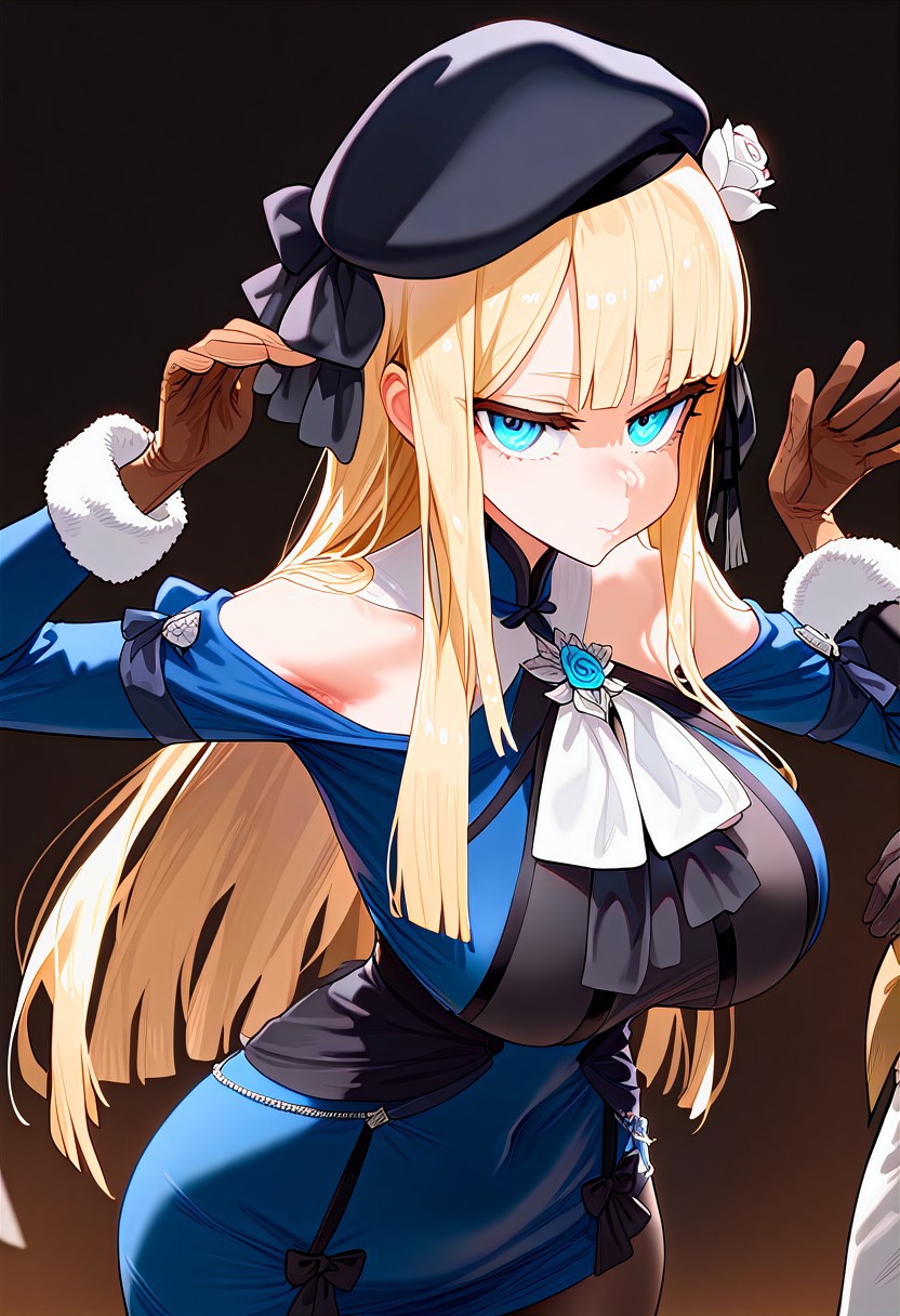 (masterpiece:1.2, best quality), (finely detailed eyes: 1.2) (ultra-detailed, hires), (detailed face, detailed eyes), (best illumination), detailed glow, high contrast, looking at viewer, solo, 1girl, solo, (huge breasts, thin waist, wide hips, thick thighs), peaceful, closed mouth, adult, reines el-melloi archisorte, blonde hair, blue eyes, long hair, bangs, blunt bangs, beret, black headwear, black ribbon, blue dress, brown gloves, dress, flower, fur collar, fur trim, fur-trimmed sleeves, gloves, hair flower, hair ornament, hair ribbon, hat, long sleeves, ribbon, rose, tilted headwear, white flower, white rose, black pantyhose, random pose, no background, dark background, (masterpiece, best quality, very aesthetic, absurdres), (ultra detailed perfect piece:1.2), illustration, masterpiece, (extremely detailed CG 8k), (very fine 8K CG), <lora:add-detail-xl:-1>