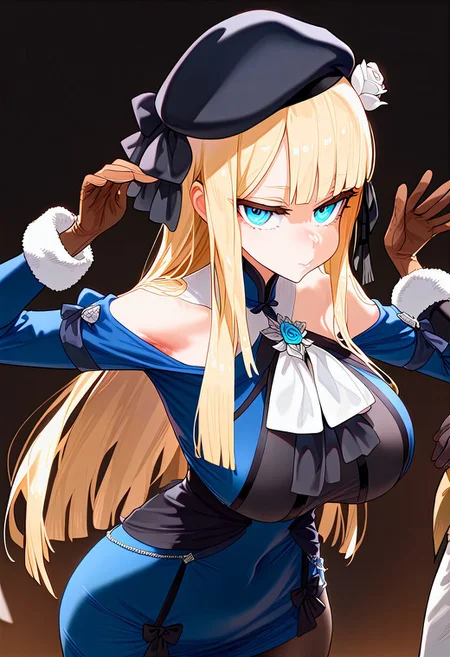 (masterpiece:1.2, best quality), (finely detailed eyes: 1.2) (ultra-detailed, hires), (detailed face, detailed eyes), (best illumination), detailed glow, high contrast, looking at viewer, solo, 1girl, solo, (huge breasts, thin waist, wide hips, thick thighs), peaceful, closed mouth, adult, reines el-melloi archisorte, blonde hair, blue eyes, long hair, bangs, blunt bangs, beret, black headwear, black ribbon, blue dress, brown gloves, dress, flower, fur collar, fur trim, fur-trimmed sleeves, gloves, hair flower, hair ornament, hair ribbon, hat, long sleeves, ribbon, rose, tilted headwear, white flower, white rose, black pantyhose, random pose, no background, dark background, (masterpiece, best quality, very aesthetic, absurdres), (ultra detailed perfect piece:1.2), illustration, masterpiece, (extremely detailed CG 8k), (very fine 8K CG), <lora:add-detail-xl:-1>