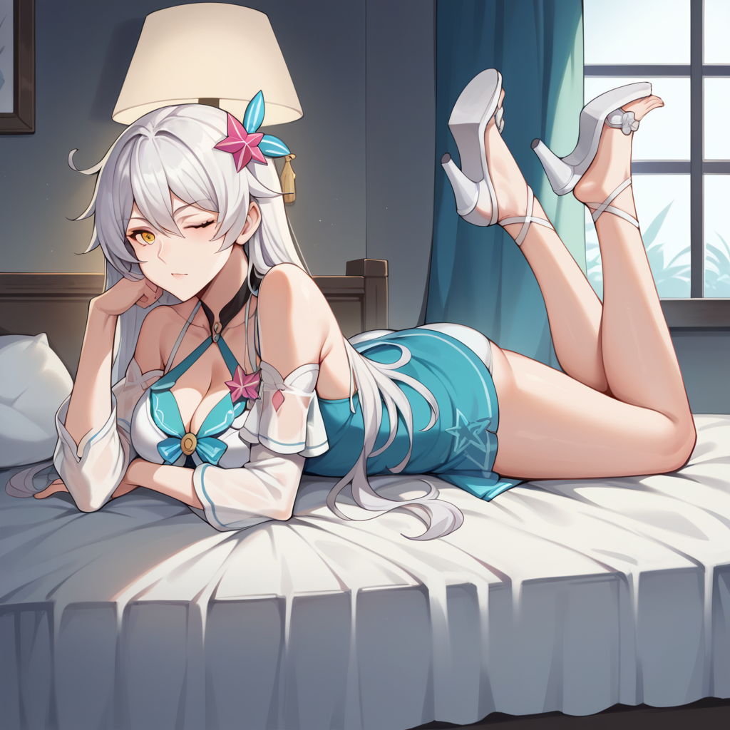 score_9_up, score_8_up, score_7_up, score_6_up, source_anime, 1girl, solo, HoV, HoV_Swimsuit, masterpiece, best quality, night time, lamp, lying on stomach on bed, wink, evil bored, face close up, face focus, cleavage, feet up, cum on sandals, looking to side, long hair, white hair, yellow eyes, kiana kaslana, swimsuit, sundress, dark persona, high heels, sandals, white footwear, hair between eyes, summer uniform, bikini bottom only, see-through, sidelocks, bare shoulders, shell hair ornament, detached sleeves, mature body, dynamic cowboy shot, indoors, summer villa, bedroom background