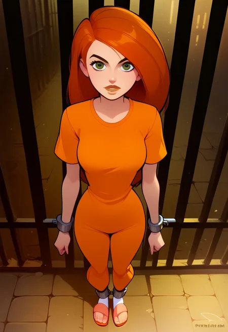 Score_9, score_8_up, score_7_up, anime style, ultra detailed, prison cell background, Excellent quality, high resolution, cowboy shot,, 1woman, solo, neutral expression, kim_possible, , short sleeves, orange jumpsuit, thin orange pants, slight cleavage, in a prison courtyard, matted hair, orange flip flops, white socks, ankle cuffs, standing, Clinging on prison bars, holding onto prison bars, behind bars, amazing shading, closeup, looking at viewer, view from slightly above,
