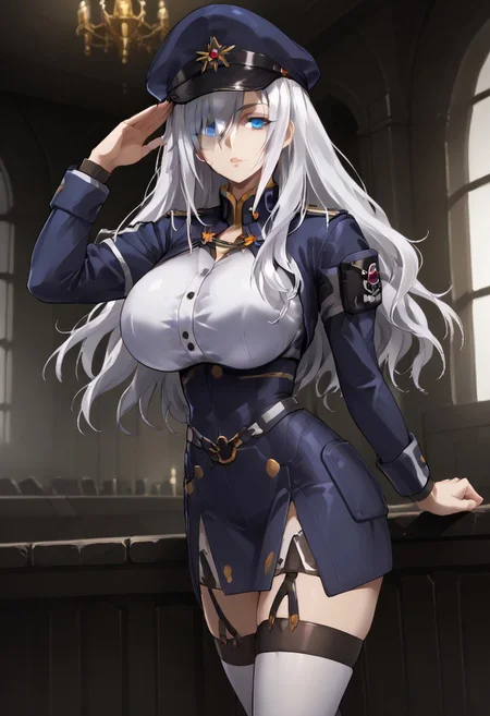 score_9, score_8_up, score_7_up, 1girl, sylwia krzasinska, source_anime, solo, anime screencap, anime coloring, zPDXLxxx, Expressiveh, white hair, wavy hair, long hair, blue eyes, hair over one eye, one eye covered, perfect lips, vibrant eye color, expressive eyes, ultra-feminine, ultra-detailed face, ultra-detailed skin, lustrous ultra-detailed hair, (extreme hourglass figure: 1.5), ultra-slim proportions, (feminine muscles: 1.1), (long breasts, perfectly round breasts, huge breasts: 1.5), ultra-narrow waist, ultra-flared hips:, perfectly round ass, (ultra-jutting ass, shapely ass: 1.3), perfect butt crack, thin tighs, ultra-fit figure, long legs, bursting breasts, ultra-jutting breasts, ultra-pointy breasts,  blue headwear, blue jacket, blue skirt, hat, jacket, military, military hat, military uniform, peaked cap, shirt, skirt, thighhighs, uniform, white shirt, white thighhighs, indoors, detailed background, military base, sci-fi base, steel grey walls, alert lights, staring at viewer, bending over, leaning forward, saluting, military salute, sexually suggestive