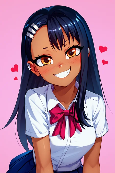 score_9, score_8_up, score_8, medium breasts, (curvy), cute, eyelashes, BREAK, , nagatoro hayase, long hair, bangs, black hair, hair ornament, brown eyes, hairclip, fang, dark skin, dark-skinned female, tan, skirt, shirt, school uniform, white shirt, pleated skirt, nail polish, blue skirt, red nails, earclip, <lora:NagatoroHayasePDXL_v1:0.8>, , BREAK, looking at viewer, smile, upper body, leaning forward, head tilt, embedding:zPDXL, Expressiveh, <lora:theButcherXPDXL:1.0>, <lora:CatalystStylePDXL:0.6>, <lora:SDXLFaeTastic2400:0.5>, <lora:Expressive_H-000001:0.4>,