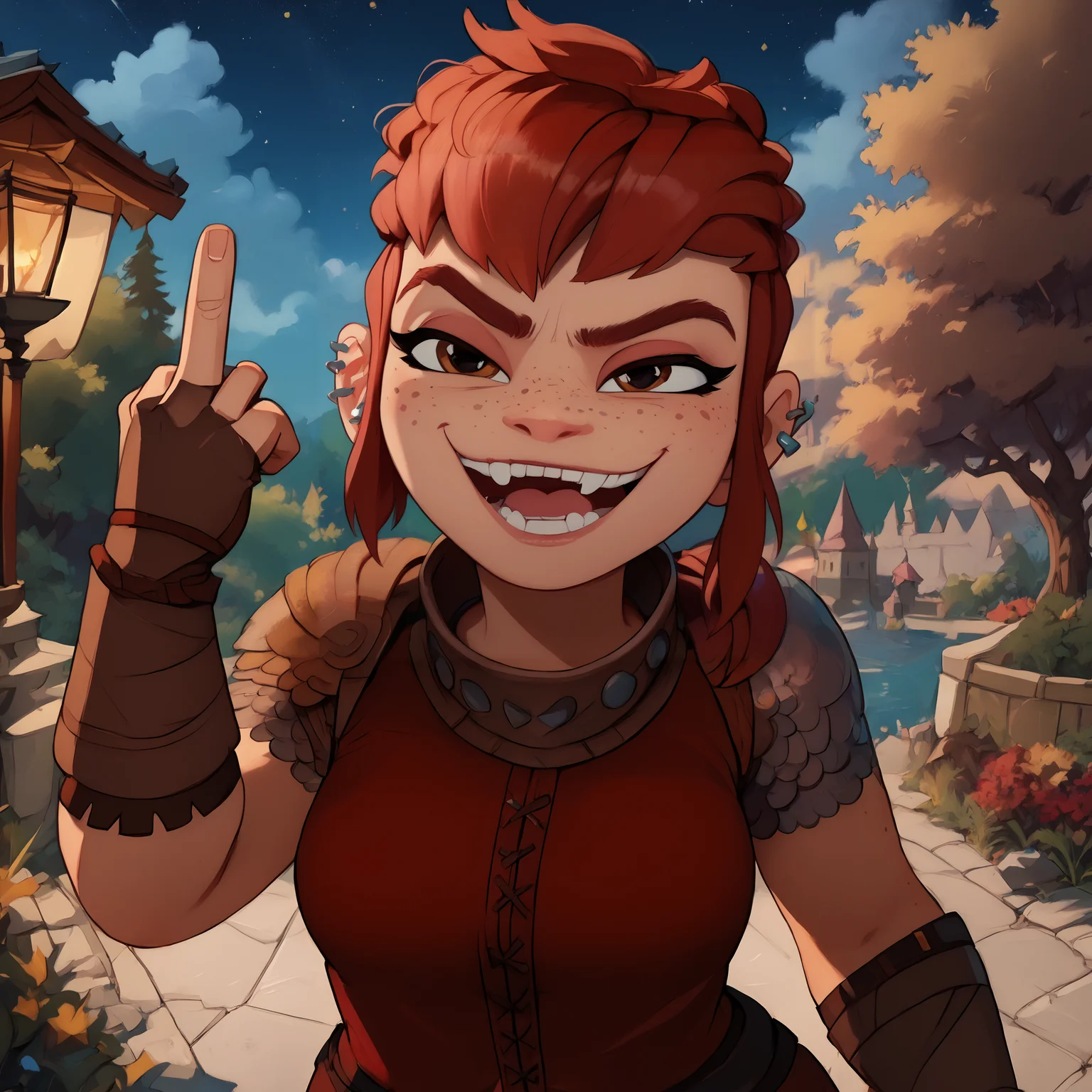 score_9, score_8_up, score_7_up, (emphasized-details:1.3), good_hands, better_hands, fckYou, middle finger, NimonaXL, short red hair, sidelocks, brown eyes, freckles, smug, smiling, open mouth, ear piercing, miniskirt, red tunic, looking at viewer, (fingerless gloves:1.3), shoulder armor, medium breasts, slender torso, standing, cowboy shot, night, outdoors, beautiful nature landscape, in a forest, numerous trees in background, <lora:NimonaXL-11:0.9> <lora:pony_good_hands:1> <lora:PonyXL-FkckU-Finger-11:1> <lora:detailed_notrigger:2>