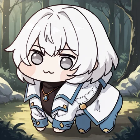 score_9, score_7_up, source_anime, <lora:Doro_X_PDXL_V1:1> doro, creature, chibi, :3, four legs, <lora:SomaCV-pdxl:1> soma, white hair, short hair, grey eyes, white coat, open coat, long sleeves, black turtleneck, pendant, blue pants, forest