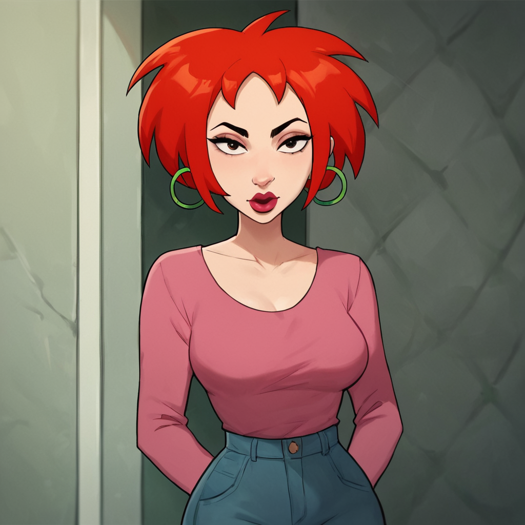 score_9, score_8_up, score_7_up, score_6_up, score_5_up, score_4_up, 1girl, red hair, short hair, hoop earrings, makeup, medium breasts, narrow waist, looking at viewer, wide hips, highres, high quality, masterpiece, <lora:Laura_Dr_Katz:1>