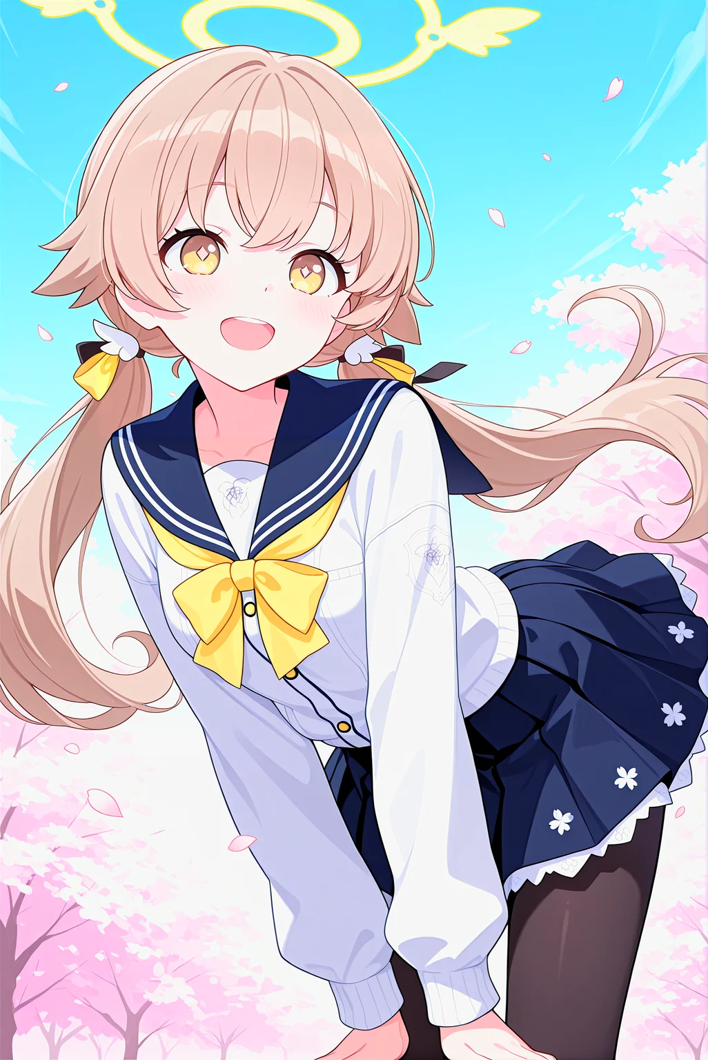beautiful_detailed_eyes, masterpiece, best_quality, intricate_details, absurdres
1girl, solo
<lora:P-IL-Hifumi:1>, h1fum1
twintails, halo, yellow_eyes, low_twintails, long_hair, light_brown_hair, bangs
black_pantyhose, school_uniform, blue_sailor_collar, blue_skirt, sleeves, bow
small_breasts, open_mouth, smile, standing
dynamic_pose, hair_flowing, wind_blown, spring_breeze
swirling_petals, pink_whirlwind, petals floating,
cherry_blossom_trees, spring_background, soft_sunlight, vibrant_pink, blue sky, wind,