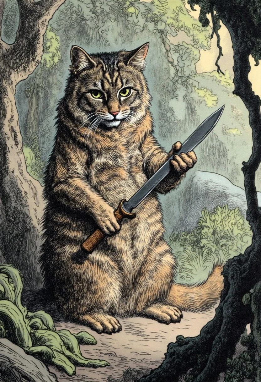 gusdore1 illustration. fluffy, medium-sized cat named Allie with a mottled coat featuring dark brown and black tabby stripes in the middle of the forest holding a knife in its paws, the atmosphere and the character looks scary