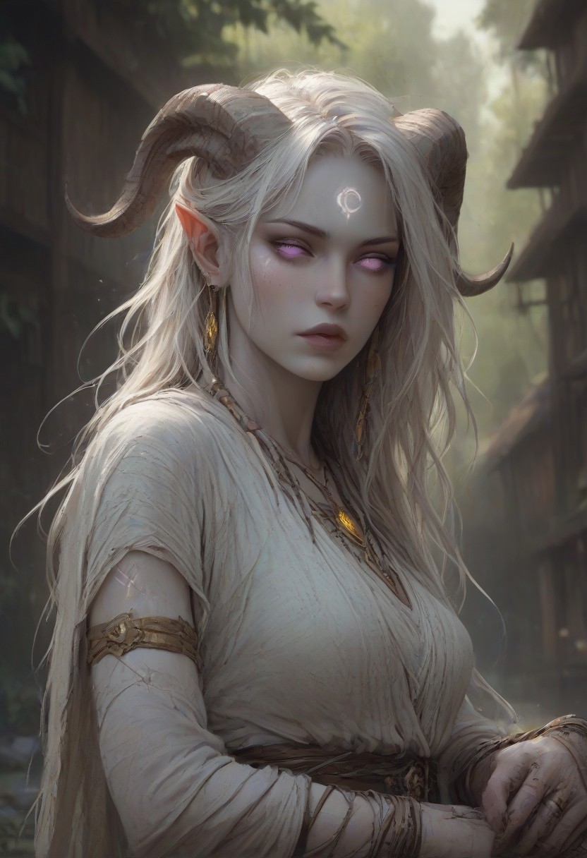 (absurdres, best quality, masterpiece:1.4), score_9, score_8_up, score_7_up, score_6_up, detailed, detailed body, detailed face, world of warcraft, fantasy, <lora:add-detail-xl:1.5>,
fFaceDetail, (female, draenei, h0rns, ram horns, white horns, tall, athletic arms, pale white skin, long white hair, purple eyes, no pupils, no sclera, long white tail, long fingers, purple fingernail polish), 
(long loose white dress, white silk scarf, tail under dress, simple armlet, small yellow gem pendant, small yellow gem earrings),
upper body, front view, looking at viewer, 
depth of field, outdoors, (fantasy faire, wooden village), (crowds in background, fantasy clothing, human, varied clothing)