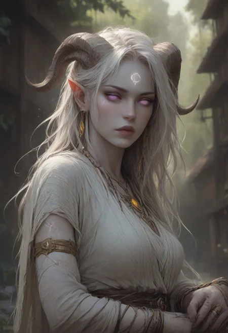 (absurdres, best quality, masterpiece:1.4), score_9, score_8_up, score_7_up, score_6_up, detailed, detailed body, detailed face, world of warcraft, fantasy, <lora:add-detail-xl:1.5>,
fFaceDetail, (female, draenei, h0rns, ram horns, white horns, tall, athletic arms, pale white skin, long white hair, purple eyes, no pupils, no sclera, long white tail, long fingers, purple fingernail polish), 
(long loose white dress, white silk scarf, tail under dress, simple armlet, small yellow gem pendant, small yellow gem earrings),
upper body, front view, looking at viewer, 
depth of field, outdoors, (fantasy faire, wooden village), (crowds in background, fantasy clothing, human, varied clothing)