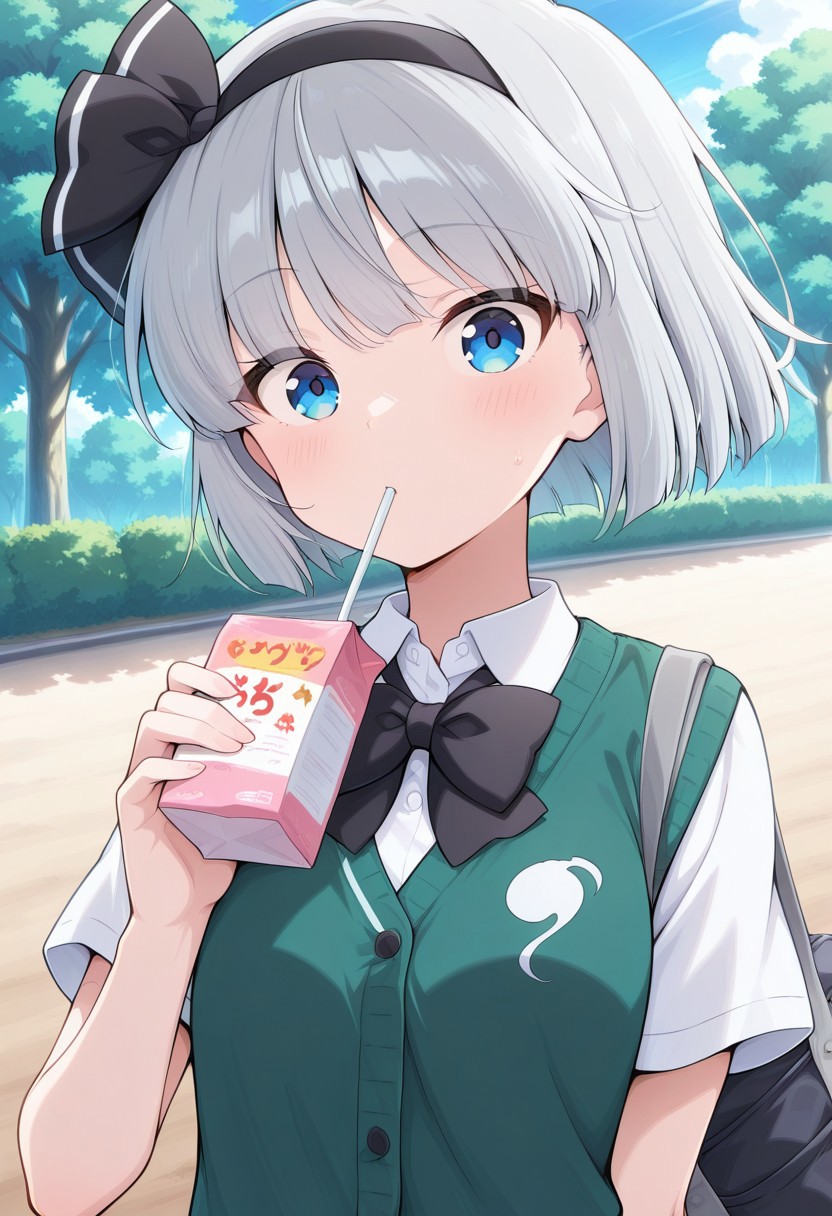absurdres, highres, masterpiece, best quality, amazing quality, official anime artwork, screencap, anime screencap, outdoors, looking at viewer, dynamic pose,
konpaku youmu, 1girl, solo, blue eyes, grey hair, short hair, youmu \(graceful hakugyoku student council member\), alternate costume, adapted costume, black hairband, hair bow, black bow, black bowtie, school uniform, green cardigan, white shirt, short sleeves, black bag, school bag, shoulder bag, holding juice box, drinking straw,
focus on face, face close up, portrait,
