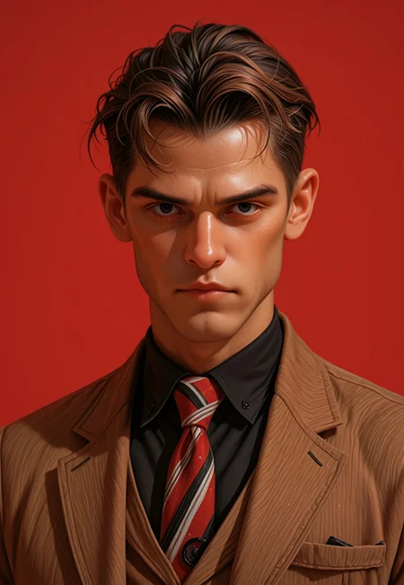 masterpiece, very aesthetic, F4UXM3D14, male focus, solo, 1boy, red background, looking at viewer, jacket, closed mouth, brown hair, short hair, black eyes, portrait, brown jacket, black shirt, shirt, upper body, simple background, necktie, hair slicked back, painterly, traditional media, gouache, oil paint, painting, faux traditional media