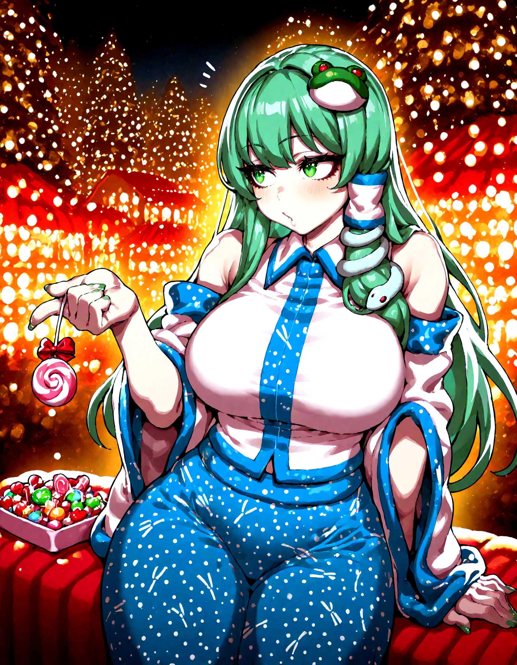 1girl , kochiya_sanae , CHRC4ND7,  candy, detailed background,
,Fishine, dekosukentr, ireading:0.7,
ï¼masterpiece, best quality, newest, absurdres, highres,
<lora:illustrious_noobai_epsilon_pred_1_best_quality_v1:0.4> ,<lora:illustrious_noobai_epsilon_pred_1_masterpieces_v1:0.4>, <lora:illustrious_noobai_epsilon_pred_11_very_aesthetic_v1:0.4>, <lora:ponyv5_noobV065S_1_adamW:0.6>, <lora:add-detail-xl:0.4>, <lora:GEN(illust) 0.2v:0.6>,<lora:cfg_scale_boost:0.4>, <lora:Christmas_Candy:1>