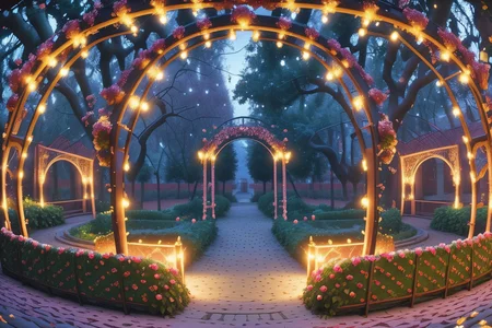 <lora:LCM_LoRA_Weights_SD15:1>,<lora:detail_slider_v4:1.4>,(panorama photo of an enchanting garden, with fairy lights twinkling in the trees, featuring wrought iron furniture, rose-covered arches, a cobblestone pathway winding through vibrant blooms,breezy weather,during winter,at dawn:1.7),BREAKE,, landscape photography, vast vistas, natural beauty, dynamic compositions, captivating scenery, immersive, serene