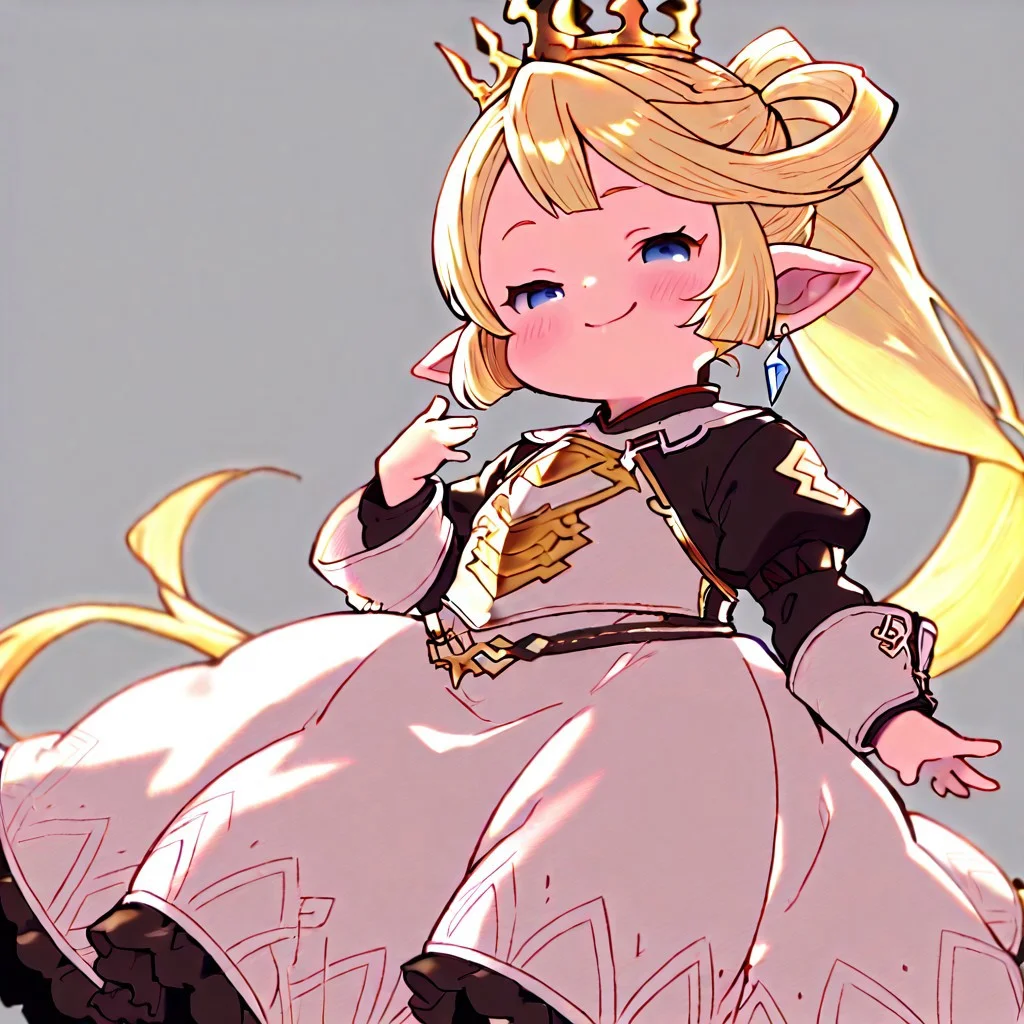 1girl, solo, best quality, masterpiece, lalafell, pointy ears, flat chest, shortstack. granblue fantasy, charlotta, harvin, blonde, long hair, blue eyes, long dress, tall crown, mesugaki, blush, smug, <lora:NTR_MIX_4.0_LORA:0.5>