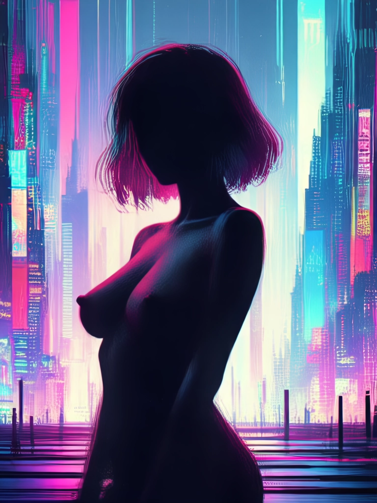 An animated painting in impressionistic style with bold brush strokes about the side silhouette of a beautiful woman with pretty eyes and shorter brown hair and large bare breasts with large nipples in a cyberpunk city with gigantic neon lit buildings. She turns her head directly at the viewer.