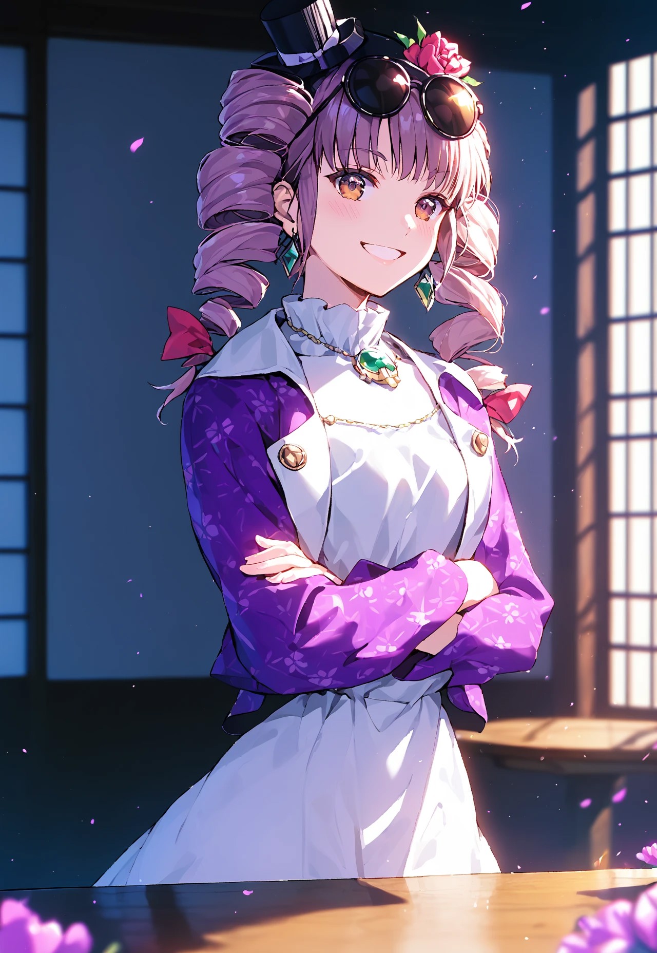 1girl, solo, yorigami jo'on, (drill hair:1.2), (eyewear on head:1.3), (white dress:1.4), (facing camera:0.8), natural pose, (light entering from left:1.5), (Japanese-style temple:1.5), (vibrant flower garden:1.2), (character's left shoulder closer:1.3), (thick paint style:1.4), (facing down shyly:1.1), (blushing:0.7), (jewelry:1.3), (white dress:1.4), (purple jacket:1.1), (shy:1.1), (nervous smile:0.7), (head tilted clockwise:1.3), (shoulders slightly hunched:1.2), (sliding doors:1.4),  (blurred temples in background:0.9), (arms resting on table:1.5), (hands resting firmly on table:1.2), (arms on table:1.6), (no hand movement:1.3), (crossed arms on table:1.6), (head slightly tilted:1.3), (furrowed brows:1.4), (mouth slightly open with smile:1.3), (embarrassed:0.7), (looking at the camera:1.6), (playful yet uncomfortable expression:0.8), (slight shoulder shrug:1.3), body leaning slightly forward, temple room with sliding doors half-open, colorful flowers outside, other distant Japanese buildings blurred, (pre-dawn light:1.3), (soft twilight glow:0.6), (dim natural lighting:1.3), (light entering from window:1.3), (subtle shadows:1.2), (ambient twilight:1.5), (early morning atmosphere:1.6),  (high contrast:1.3), (soft shadows:0.3), (cool lighting:1.2), (noir photography:1.2), (vivid colors:1.1). <lora:char-joon:1>