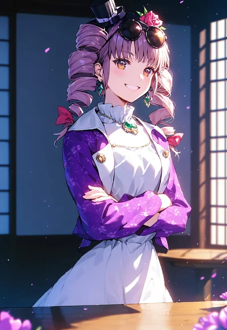1girl, solo, yorigami jo'on, (drill hair:1.2), (eyewear on head:1.3), (white dress:1.4), (facing camera:0.8), natural pose, (light entering from left:1.5), (Japanese-style temple:1.5), (vibrant flower garden:1.2), (character's left shoulder closer:1.3), (thick paint style:1.4), (facing down shyly:1.1), (blushing:0.7), (jewelry:1.3), (white dress:1.4), (purple jacket:1.1), (shy:1.1), (nervous smile:0.7), (head tilted clockwise:1.3), (shoulders slightly hunched:1.2), (sliding doors:1.4), (blurred temples in background:0.9), (arms resting on table:1.5), (hands resting firmly on table:1.2), (arms on table:1.6), (no hand movement:1.3), (crossed arms on table:1.6), (head slightly tilted:1.3), (furrowed brows:1.4), (mouth slightly open with smile:1.3), (embarrassed:0.7), (looking at the camera:1.6), (playful yet uncomfortable expression:0.8), (slight shoulder shrug:1.3), body leaning slightly forward, temple room with sliding doors half-open, colorful flowers outside, other distant Japanese buildings blurred, (pre-dawn light:1.3), (soft twilight glow:0.6), (dim natural lighting:1.3), (light entering from window:1.3), (subtle shadows:1.2), (ambient twilight:1.5), (early morning atmosphere:1.6), (high contrast:1.3), (soft shadows:0.3), (cool lighting:1.2), (noir photography:1.2), (vivid colors:1.1). <lora:char-joon:1>