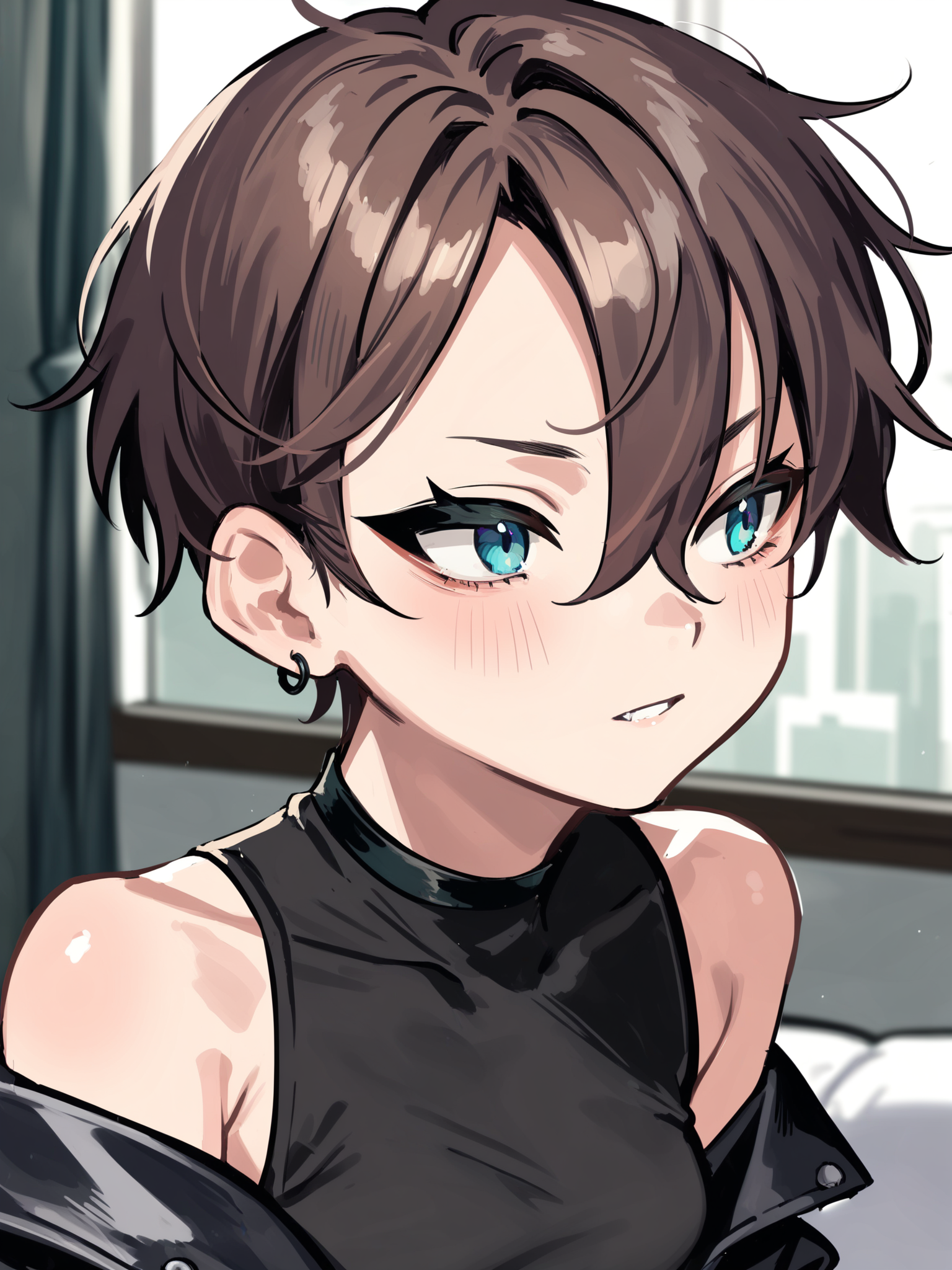 <lora:happy_tentacle-netsureina-v0.1:0.9>, ht_netsureina, ear piercing, small breasts, blue eyes, brown hair , raised eyebrows, indoors, goth fashion, black clothes, eyeliner, layered clothes, choker upper body, 1girl, (petite:1.2), solo focus, (looking away:1.1), , (depth of field:0.8), , score_9, score_8_up, score_7_up, score_6_up, score_5_up, score_4_up