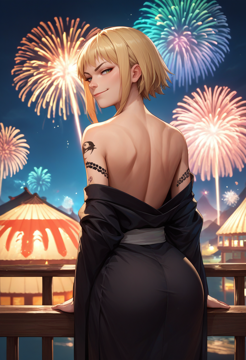 score_9, score_8_up, score_7_up, source_anime, from behind, solo, 1girl, medusagorgon, tattoo, smirk, closed mouth, looking back, black kimono, off shoulder, bare shoulders, fireworks <lora:souleater_medusa_ponyXL:1>