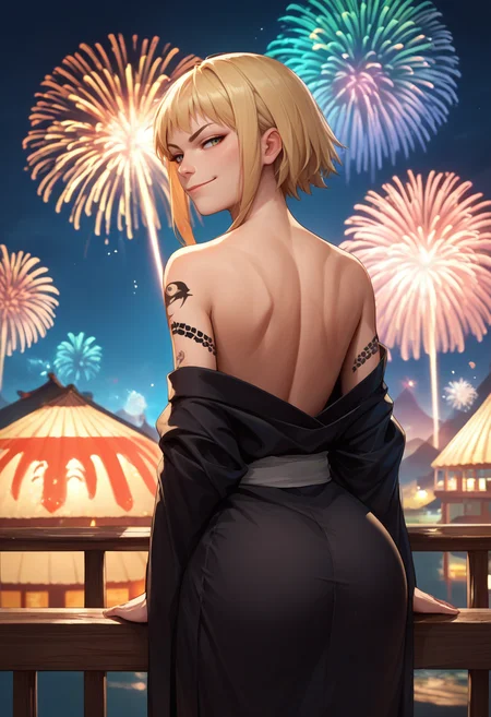 score_9, score_8_up, score_7_up, source_anime, from behind, solo, 1girl, medusagorgon, tattoo, smirk, closed mouth, looking back, black kimono, off shoulder, bare shoulders, fireworks <lora:souleater_medusa_ponyXL:1>