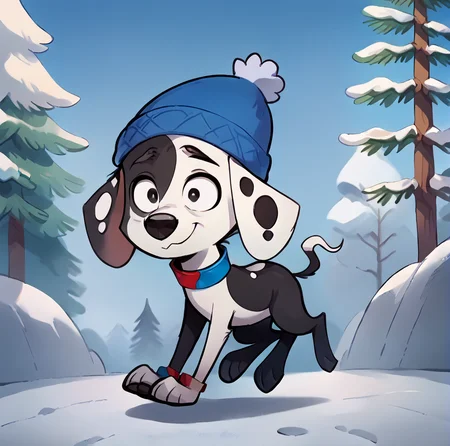 score_9, score_8_up, score_7_up, score_6_up, score_5_up, score_4_up, <lora:deepak101dalmatianstreet2:1>, deepakdog, solo, outside, trees, snow, 1boy, hat, white background, animal ears, full body, male focus, closed mouth, happy expression, collar, running, furry, blue headwear, wide-eyed, beanie, furry male, dog, multicolored collar, black and white fur, dog ears, spots <lora:Smooth Anime Style LoRA XL:1> <lora:CitronAnimeTreasure:1>, black eyes,