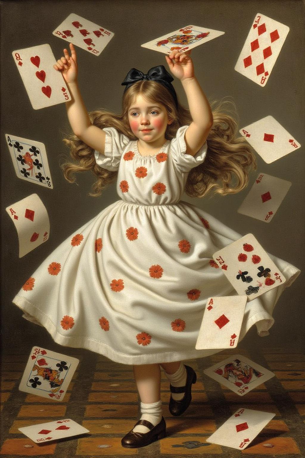 jldavid1 painting
A scene from "Alice's Adventures in Wonderland." The central figure is a young girl, Alice, with long, flowing brown hair, wearing a white dress adorned with small red flowers. She appears to be in mid-motion, as suggested by her raised arms and the scattered playing cards flying around her. The cards are a mix of hearts, diamonds, clubs, and spades, which are depicted in a chaotic, swirling pattern around her <lora:jldavid1_cap_d6a3:1.0><lora:815774943045316723:0>