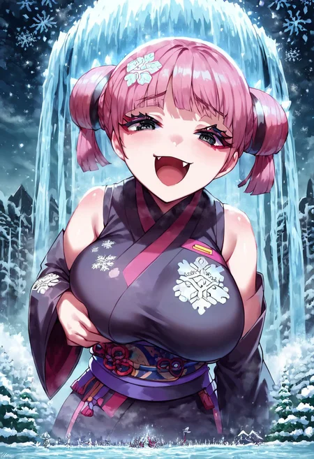 gorgeous lips, cinematic, (masterpiece), (best quality), (ultra-detailed), very aesthetic, perfect composition, intricate details, absurdres, detailed face, (anime, masterpiece, intricate:1.3), (best quality, hires textures, high detail:1.2), score_9, score_8_up, score_7_up, source_anime, 1girl, sango, black eyes, pink hair, fang, smug, ninja, sleeveless, obi, japanese clothes, snowflake patterns, alternate_costume, big breasts, facial expression, amused, soft eyes, head tilt, smug, open mouth, hand on breasts, covered breasts, goddess, planet size, giantess, enormous body, growing even bigger, sitting on top of waterfall, small planets, floating object, gradient eyes, beautiful detailed eyes, waterfall background, waterfall, falling snow down, snowing, winter, frozen environment, icy atmosphere, ice forest, large icy lake, holding planet, smushing planet, destroying planet, (masterpiece:1.4), (best quality:1.4), (ultra-detailed:1.2), gl0w, glow,