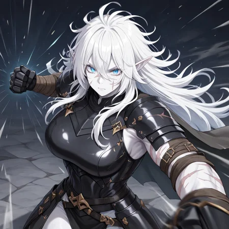 masterpiece, best quality, newest, absurdres, highres,
INCPUV1.0, punching, incoming attack, incoming punch,
1girl, pale, white skin, colored skin, pale skin, elf, pointy ears, muscular woman, armor, cape, leather armor, scar, scars on face, white hair, long hair, messy hair, black armor, black leather, blue eyes