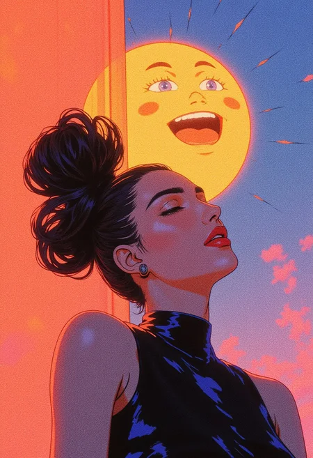 This digital art piece portrays a woman’s face in a surreal, dreamlike style. She is dressed in a black dress with a blue sequin top, her hair styled in a dramatic updo that enhances her elegant appearance. Her lips are painted with bold red lipstick, and her eyes are closed, conveying a sense of being in a trance-like state. The background features a vibrant gradient of orange, pink, and blue, creating an ethereal atmosphere, while a cartoonish sun with an animated, emoji-style smiling face floats in the sky, adding a whimsical touch to the scene. The overall mood of the image is one of tranquility and mystery, as the soft lighting and color palette emphasize the dreamlike and otherworldly nature of the composition.