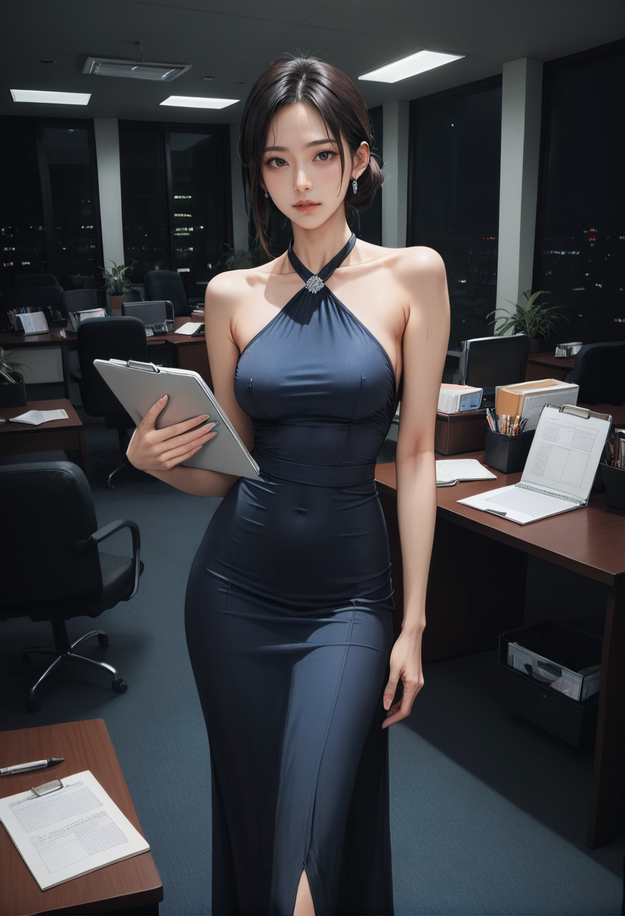 1girl,,ruanyi0932,blue dress,halter dress,sleeveless,cowboy shot,taut dress,skin tight,long dress,,ruanyi0922,indoors,office,night,holding notebook,
people,<lora:0932 Home wear 9_v1_pony:0.8>,<lora:0922 office_v1_pony:0.7>, score_9,score_8_up,score_7_up,,8k,1girl,solo,,