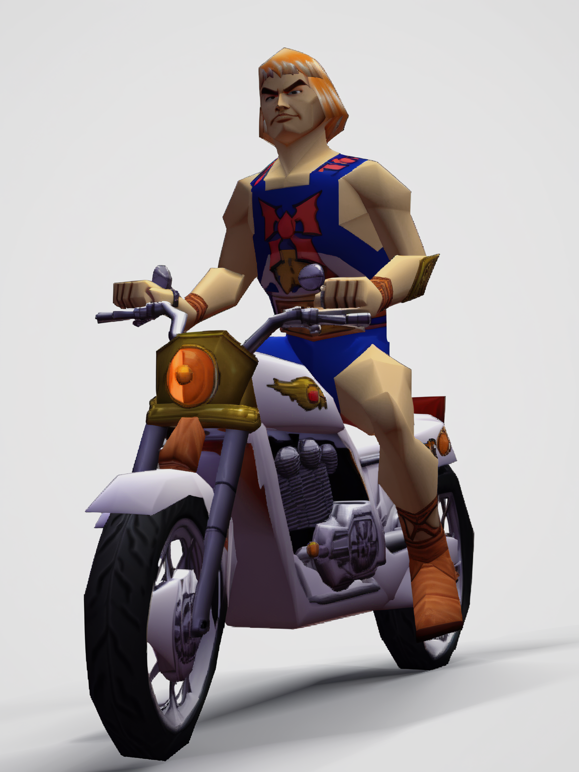 score_9, score_8_up, score_7_up, source_anime,he-man rides a motorcycle, solo, n64zeldastyle, 3d, polygonal, full body, white background,