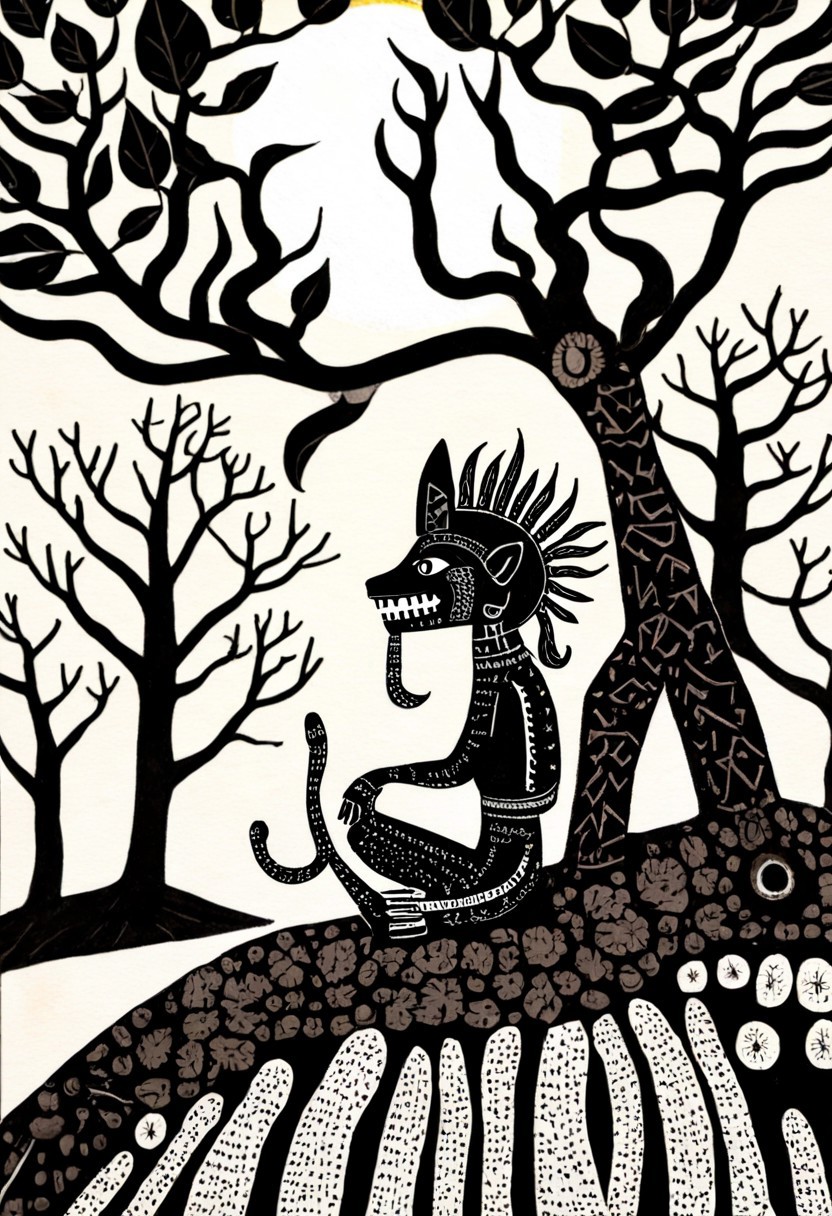 <lora:ink_ahuizotl_sdxl_v1:1.0>, ink_ahuizotl, aztec,  drawing, a  ahuizotl, sitting on top of a rock in the woods with the sun shining through the leaves behind it and a tree branch in the background