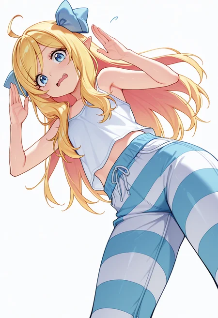 Smooth Quality,masterpiece,very intricate, high quality details, ultra realistic, high detailed skin,detailed enviorement,absurdres,
vulcan salute,
<lora:Jashin-chan_CNR:0.8> jashin_cnr, 1girl, blonde hair, long hair, ahoge, blue eyes, pointy ears, fangs, hair ribbon,legs,, simple background, white background, from below,solo,, wavy mouth,, tank top, camisole, ,tank top, camisole, ,striped pants, ,