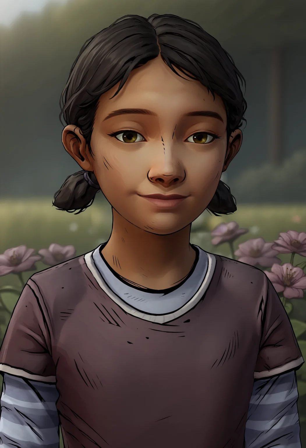 score_9, score_8_up, score_7_up, score_6_up, score_5_up, score_4_up, 1girl, <lora:ClementineS2:0.85> black hair, short twintails, brown eyes, dark skin, dark-skinned female, shirt, layered sleeves, short over long sleeves, long sleeves, pants, upper body, lips, eyes half closed, smile, looking at viewer,
(garden background), flowers, blurry background,