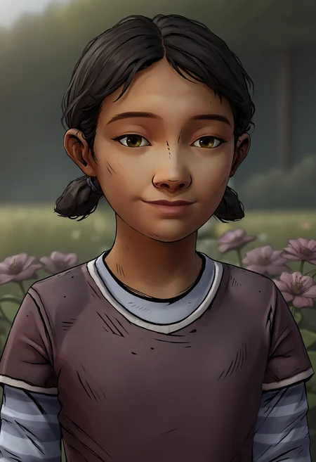score_9, score_8_up, score_7_up, score_6_up, score_5_up, score_4_up, 1girl, <lora:ClementineS2:0.85> black hair, short twintails, brown eyes, dark skin, dark-skinned female, shirt, layered sleeves, short over long sleeves, long sleeves, pants, upper body, lips, eyes half closed, smile, looking at viewer,
(garden background), flowers, blurry background,