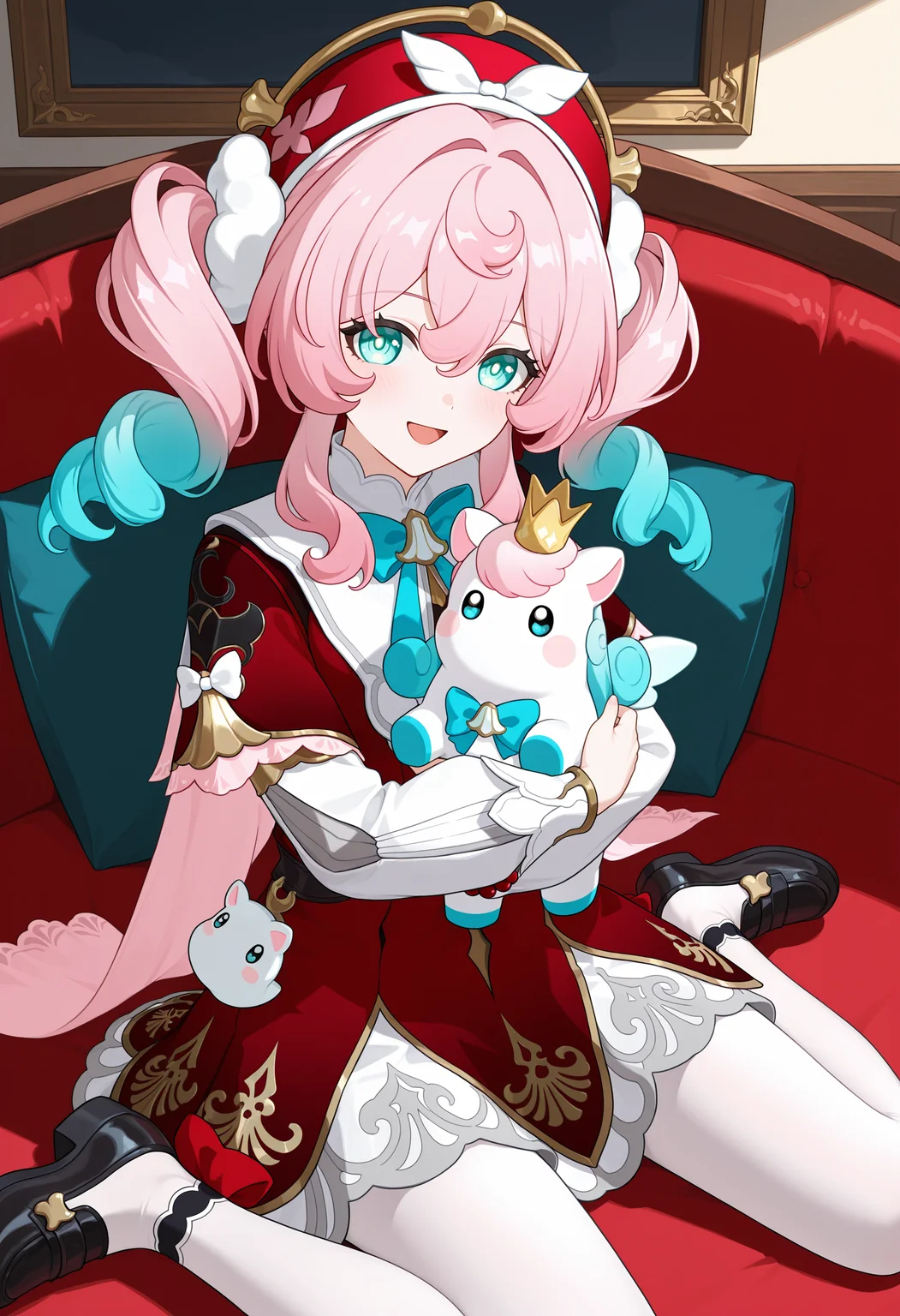 <lora:hal illustrious-1.0-000050:1>,
little ica \(honkai: star rail\),
hyacine \(honkai: star rail\),pink hair,smile,red dress,twintails,open mouth,looking at viewer,long sleeves,red hat,blue bow,bowtie,long hair,blue bowtie,hair between eyes,blush,:d,solo,ribbon,aqua eyes,hand up,multicolored hair,blue eyes,blue hair,holding,hug,cowboy_shot,white pantyhose,black footwear,wariza,full body,