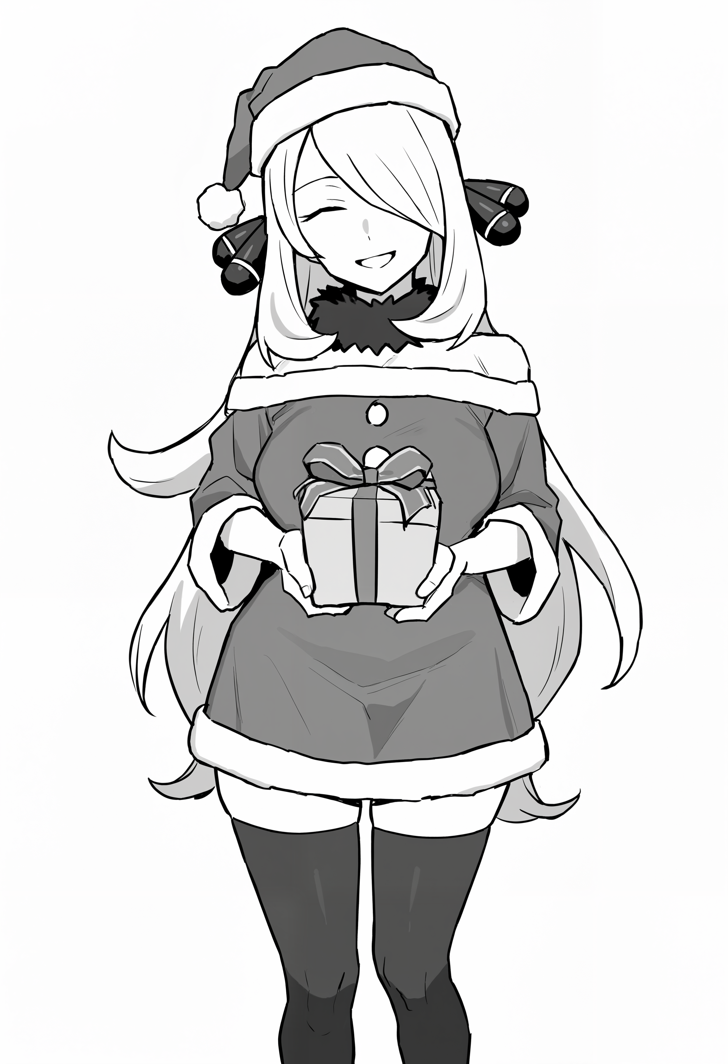 amazing quality, newest, absurdres, hires, monochrome, white background,  1girl, solo, mature woman, cynthia \(pokemon\), long hair, santa dress, santa hat, thighhighs, holding present, closed eyes, wide smile, head tilt,   <lora:barbarian_tk>