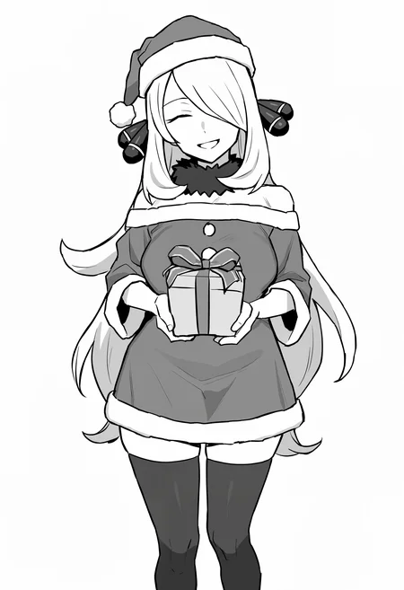 amazing quality, newest, absurdres, hires, monochrome, white background, 1girl, solo, mature woman, cynthia \(pokemon\), long hair, santa dress, santa hat, thighhighs, holding present, closed eyes, wide smile, head tilt, <lora:barbarian_tk>
