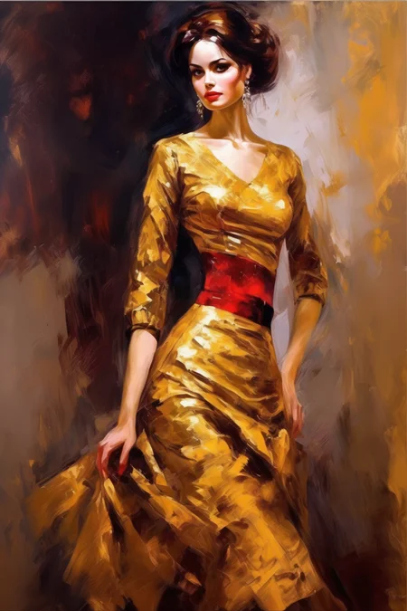 <lora:Andrew Atroshenko Style:1>Andrew Atroshenko Style - Stunning Full body Figurative painting in golden dress in the style of Andrew Atroshenko