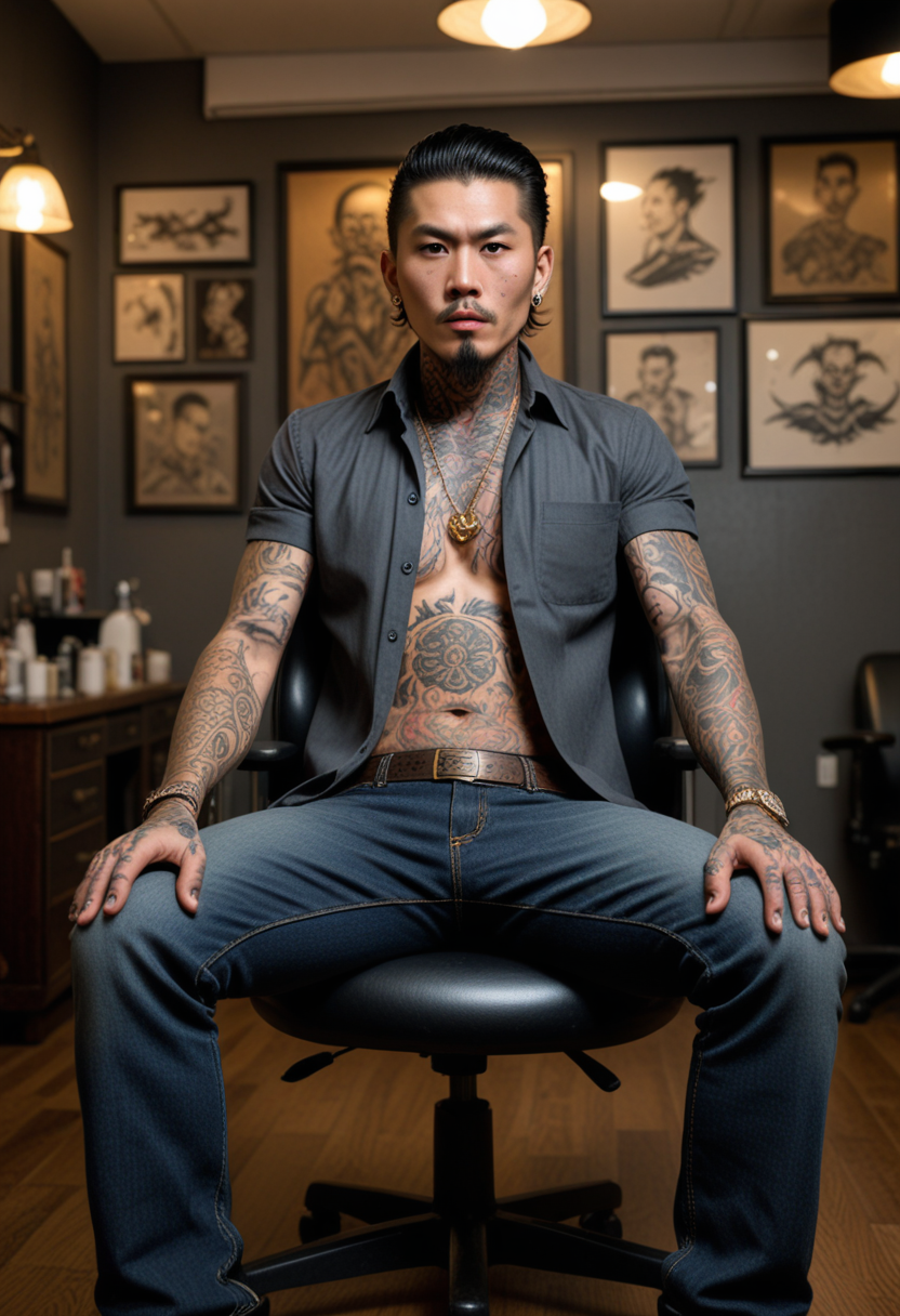 (medium full shot) of man, scar, yakuza wearing a dark grey button-up shirt, dark jeans, black boots, gold chain, man surprised, open mouth, running toward the viewer, set in Tattoo Parlor, clean and organized space with tattoo designs on the walls, a reclining chair, sterilization equipment, bright lighting, Masterpiece,best quality, photo, realistic, very aesthetic, detailed face,
