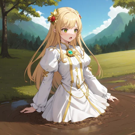 masterpiece, best quality, digital art, deviantart, 1girl, golden hair, medium breasts, small waist, white dress, gold ornaments, priestess, green grass, hills in the distance, trees, flowers, blue sky, partially submerged, brown mud, mud bog, sticks mud, scared, worried, screaming, close up