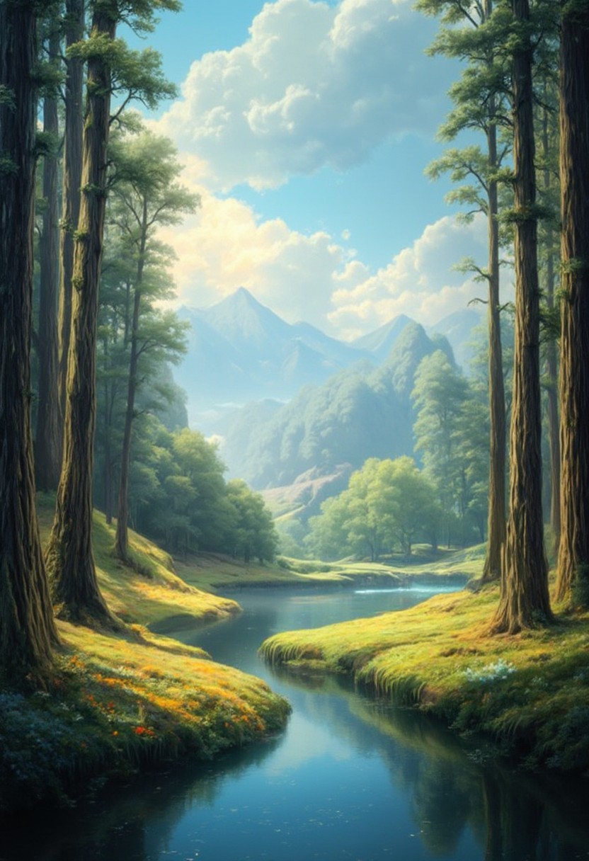 ( Soft colors and dreamy morning landscape), beautiful in the forest, A narrow river, beautiful view, full of beautiful flowers, sunrise sky, beautiful clouds, dappled sunlight, 
A wonderful waka-like landscape, 
I can see the mountains in the distance, 
depth of field, masterpiece, best quality, ultra-detailed, very aesthetic, illustration, perfect composition, intricate details, absurdres, moody lighting, wisps of light, no humans,