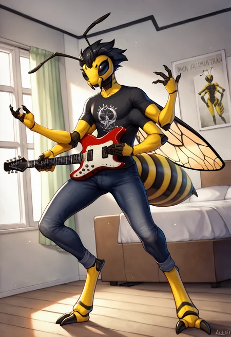 score_9, score_8_up, score_7_up, score_6_up, score_5_up, an anthro wasp metalhead with black hair and a metal shirt playing the guitar in a bedroom, anthro, wasp, yellowjacket wasp, hymenopteran, male, insect, anthro insect, arthropod, 2 toes, ((4 arms)), (4 wings), 2 antennae, antennae anatomy, arthropod abdomen, exoskeleton, black eyes, angry, feet, fingers, wings, (insect wings), multi wing, multi arm, solo, yellow body, black stripes, toes, digitigrade, clothed, metal band shirt, metal band logo, black shirt, pants, <lora:add-details-xl:0.5>, (detailed background), inside, pose, bedroom, poster, <lora:anthro_bugs_pony:0.8>, watercolor art, beautiful, high quality, highly detailed, digital art, full body, chitin, (black hair, short hair), hair, industrial metal, electric guitar, playing electric guitar, dutch angle, (mandibles), amp