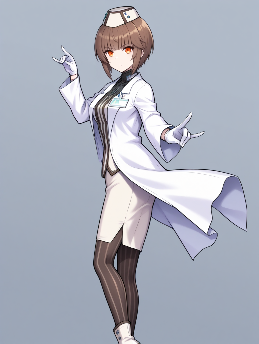 perfect quality,best quality,absolutely eye-catching,ambient occlusion,raytracing BREAK
1girl,<lora:rahuline IL v1.1:0.8>,rahuline,brown hair,orange eyes,short hair,hat,lab coat,long sleeves,white gloves,license plate,pencil skirt,vertical-striped black pantyhose,high heel boots,medium skirt,, pov, looking at viewer,cowboy_shot,on_side,fox_shadow_puppet,waving_arms,kicking,