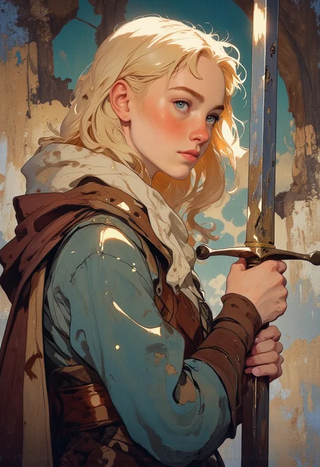 A detailed and gorgeous medium long shot portrait of Eowyn, in profile view, sideways, fantasy noble lady with redish fair blonde hair, soft beautiful face with regal features but with fierce eyes. She is a shield-maiden, using noble fantasy medieval garments from Rohan, a simple medieval dress but with details that show her noble uprising, brandishing with both hands a simple long-sword slightly dented and marked by battle. The style is modern digital art, simulating the striking art of artists like Rembrandt., anime style, vibrant colors, cinematic shot, soft lighting, cool tones