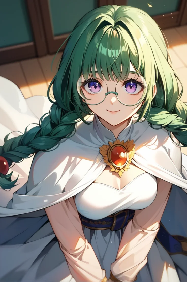 score_9, score_8_up, score_7_up, very aesthetic, source_anime, detailed, high quality, beautiful, masterpiece, detailed eyes,
<lora:lightXL:0.8>
blurry background,
cowboy shot, close up, dynamic angle,
light smile, dynamic pose, medium breasts, cloed eyes, hands together,
<lora:philia_autismConfetti_v01:0.99>
philia felice, 1girl, twin braids, green hair, purple eyes, long hair, hair ornament, round glasses, bangs
brooch, dress, white dress, long dress, cape,, zPDXL