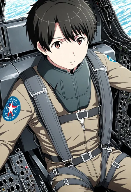 high resolution, solo, best quality, 1Boy, Inaho Kaizuka, Black Hair, Pilot, Cockpit, Jet Fighter, OverallDetail